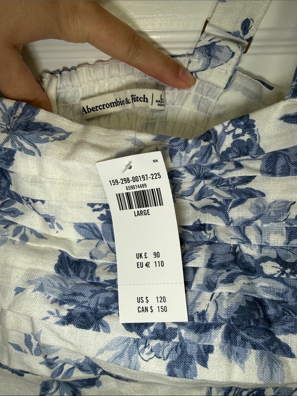 Abercrombie & Fitch Emerson Linen-Blend Wide Strap Midi Dress Blue&White Toile L - Picture 3 of 16